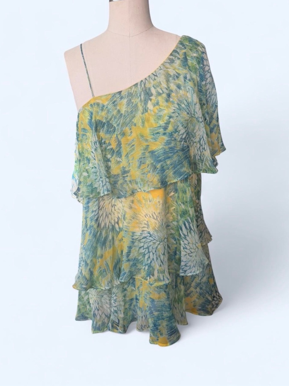 Ali Ro Yellow & Green Floral One-Shoulder Tiered Dress